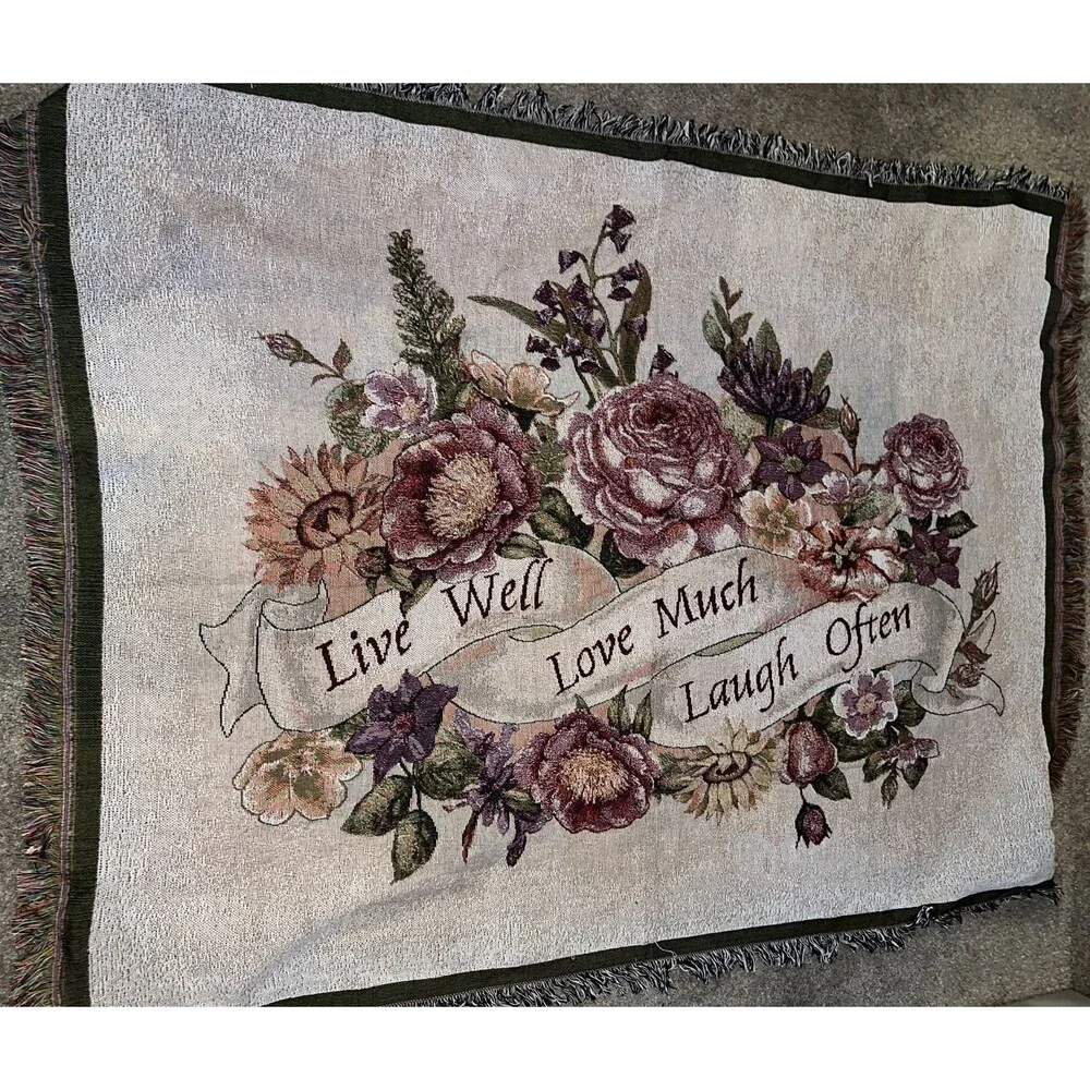 Tapestry Throw Blanket Live Well Love Much Laugh Often 50 X 65 Floral Purples